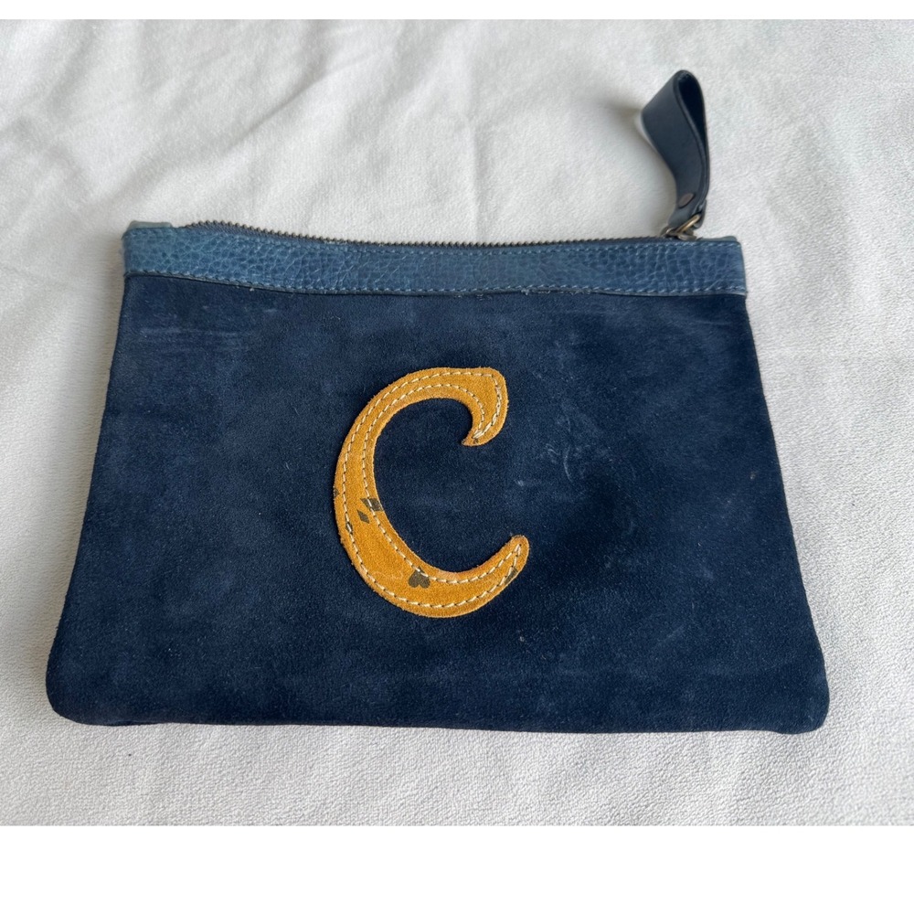Sundance Navy Blue Suede Leather Clutch Pouch Letter C Initial Italy Boho Chic